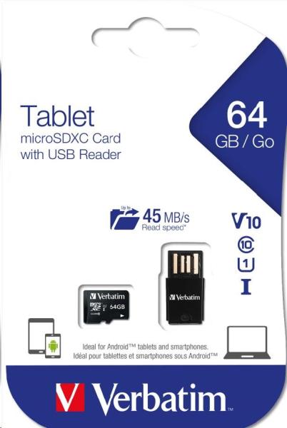 VERBATIM Tablet microSDHC C10/U1 s USB čítačkou 64GB (R:70MB/s, W:10MB/s)4