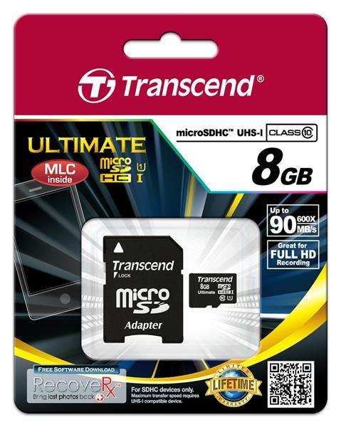 Karta TRANSCEND MicroSDHC 8GB Ultimate,  Class 10 UHS-I 600x,  MLC + adaptér1