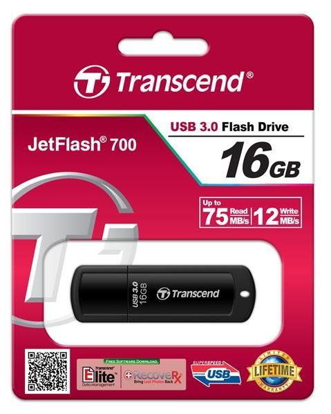 TRANSCEND Flash disk 16GB JetFlash®700,  USB 3.0 (R:75/ W:12 MB/ s) čierna2