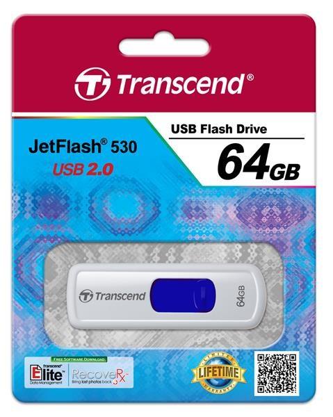 TRANSCEND Flash disk 64GB JetFlash®530,  USB 2.0 (R:16/ W:6 MB/ s) biela/ modrá kráľovská3