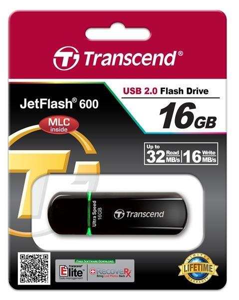 TRANSCEND Flash disk 16GB JetFlash®600,  USB 2.0 (R:32/ W:16 MB/ s) čierna/ zelená2