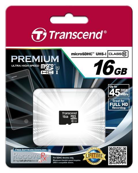Karta TRANSCEND MicroSDHC 16GB Premium,  Class 10 UHS-I 300x,  bez adaptéra1