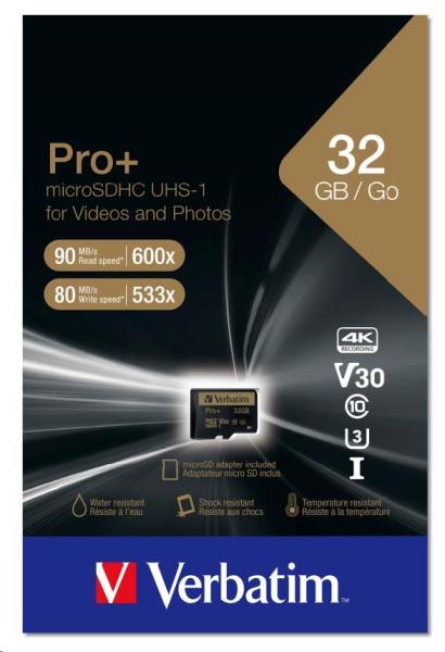 Karta VERBATIM MicroSDHC 32GB PRO+ Class 10,  UHS 1 (R:90/ W:80 MB/ s)1