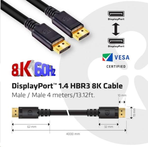 Club3D Kabel certifikovaný DisplayPort 1.4 HBR3,  8K60Hz (M/ M),  černé koncovky,  4m,  24 AWG1