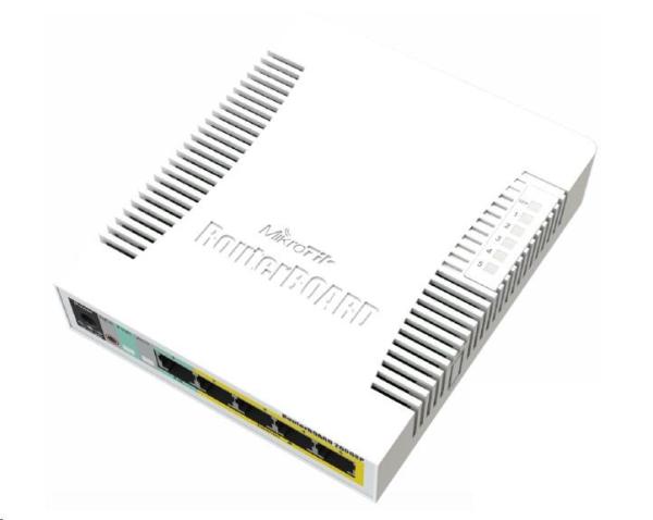 MikroTik RouterBOARD CSS106-1G-4P-1S (RB260GSP),  TF470 CPU,  konfigurovateľný switch,  5x LAN,  1xSFP slot,  PoE OUT,  vráta