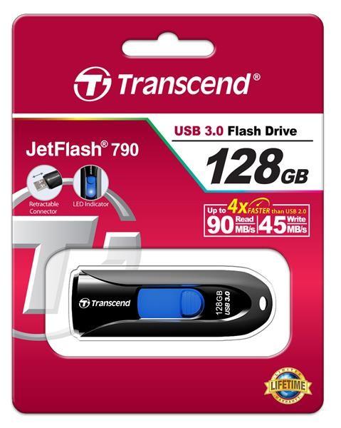 TRANSCEND Flash disk 128 GB JetFlash®790,  USB 3.1 (R:90/ W:40 MB/ s) čierna/ modrá0
