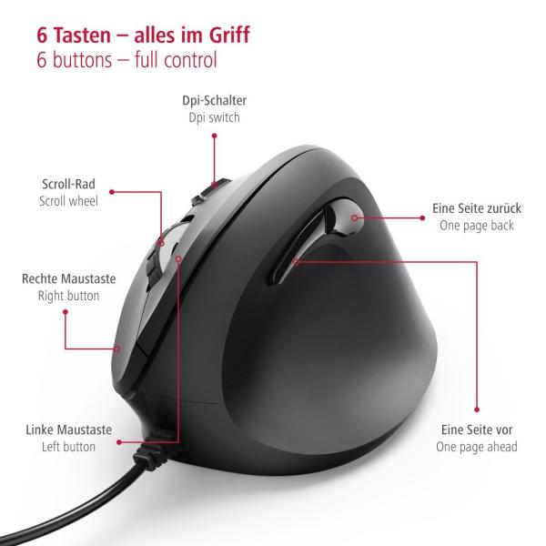 <p>Vertikálna ergonomická káblová myš Hama EMC-500, 6 tlačidiel, čierna</p>8