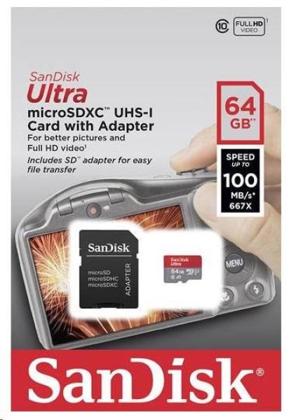 Karta SanDisk MicroSDXC 64 GB Ultra (100 MB/ s,  A1 Class 10 UHS-I,  Android - zobrazovacie balenie) + adaptér0