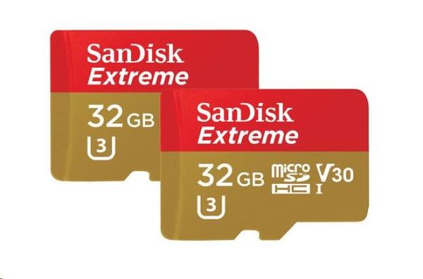 Karta SanDisk MicroSDHC 32 GB Extreme (100 MB/s, A1 C10 V30 UHS-I U3, pre akčné kamery) + adaptér, dvojbalenie