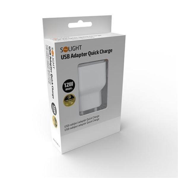 Solight USB nabíjecí adaptér,  fast charge: 1x USB Qualcomm,  5V2A/ 9V1.5A/ 12V1A,  AC 230V,  bílošedý3