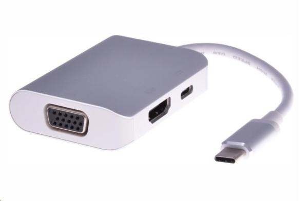Prevodník PREMIUMCORD USB3.1 typ C na HDMI + VGA + nabíjanie PD,  hliníkové puzdro