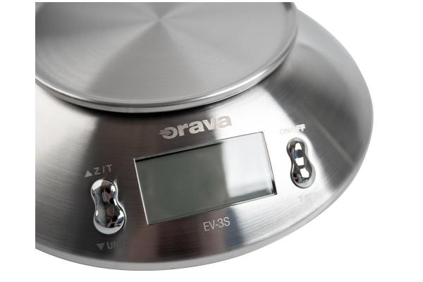 ORAVA EV-3 S digitální kuchyňská váha,  LCD displej,  přesnost 1 g,  funkce TARE,  nerez,  časovač3