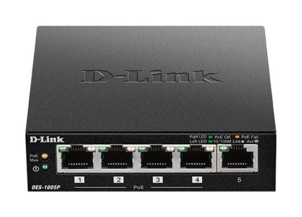 D-Link DES-1005P B1 5-portový 10/ 100 PoE stolový prepínač,  4x PoE+,  60W pre PoE