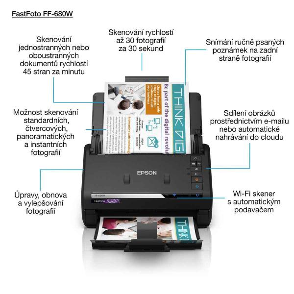 Skener EPSONFastFoto FF-680W,  A4,  600x600 dpi,  24 bitov farebnej hĺbky,  USB 3.0,  Bezdrôtová sieť LAN1
