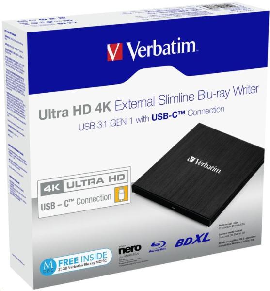 VERBATIM Ultra HD 4K Blu-ray externá slimline napaľovačka (USB 3.1,  USB-C) + bezplatné 25GB médium4