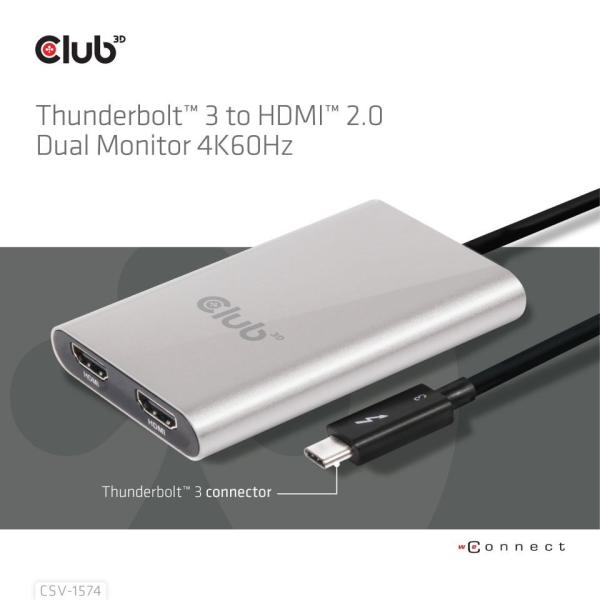 Club3D Adaptér Thunderbolt 3 na 2x HDMI 2.0 4K60Hz UHD1