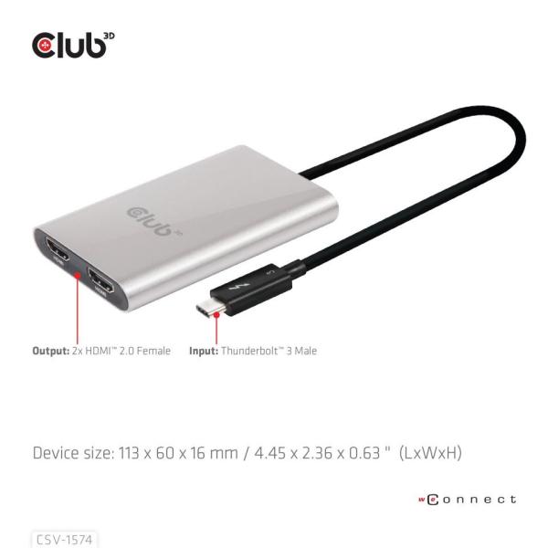 Club3D Adaptér Thunderbolt 3 na 2x HDMI 2.0 4K60Hz UHD4