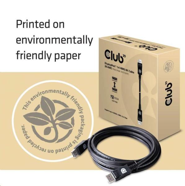 Club3D Kabel certifikovaný DisplayPort 1.4,  HBR3,  8K60Hz (M/ M),  3m,  28 AWG9