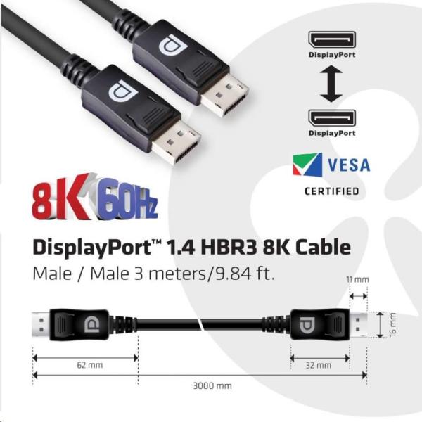 Club3D Kabel certifikovaný DisplayPort 1.4,  HBR3,  8K60Hz (M/ M),  3m,  28 AWG3