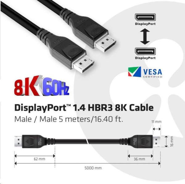 Club3D Kabel certifikovaný DisplayPort 1.4,  HBR3,  8K60Hz (M/ M),  5m,  28 AWG4