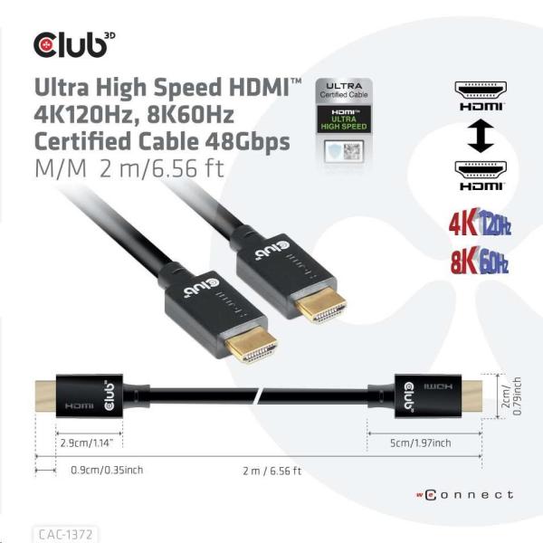 Kábel HDMI Club3D 2.1 Ultra High Speed HDMI™ 4K120Hz,  8K60Hz,  2m0