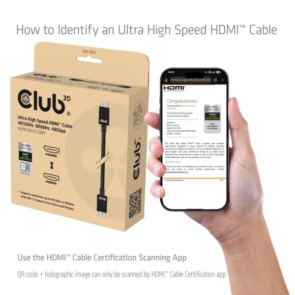 Kábel HDMI Club3D 2.1 Ultra High Speed HDMI™ 4K120Hz,  8K60Hz,  2m5