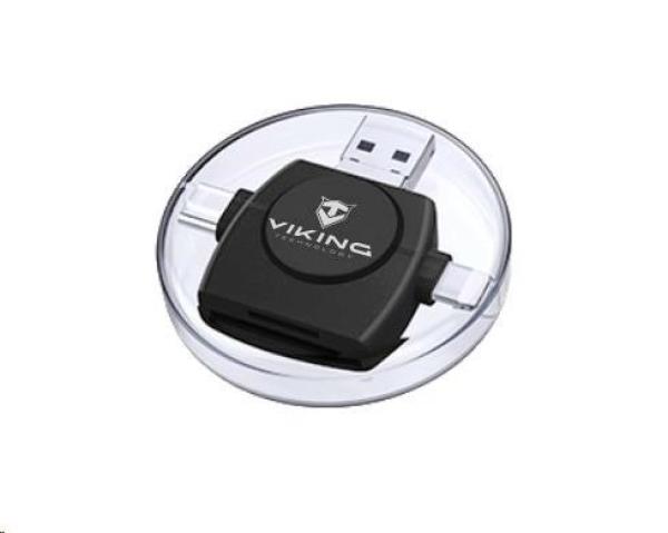 Čítačka pamäťových kariet Viking OTG SD a Micro SD 4v1 s konektorom APPLE Lightning / Micro USB / USB 3.0 / USB-C, čier