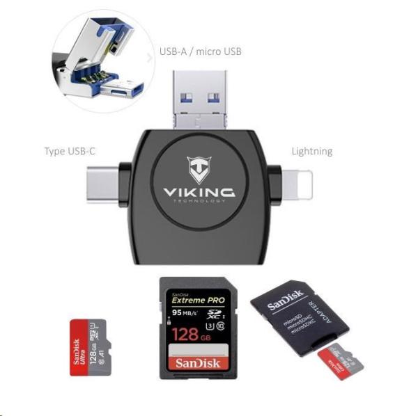 Čítačka pamäťových kariet Viking OTG SD a Micro SD 4v1 s konektorom APPLE Lightning /  Micro USB /  USB 3.0 /  USB-C,  čier1