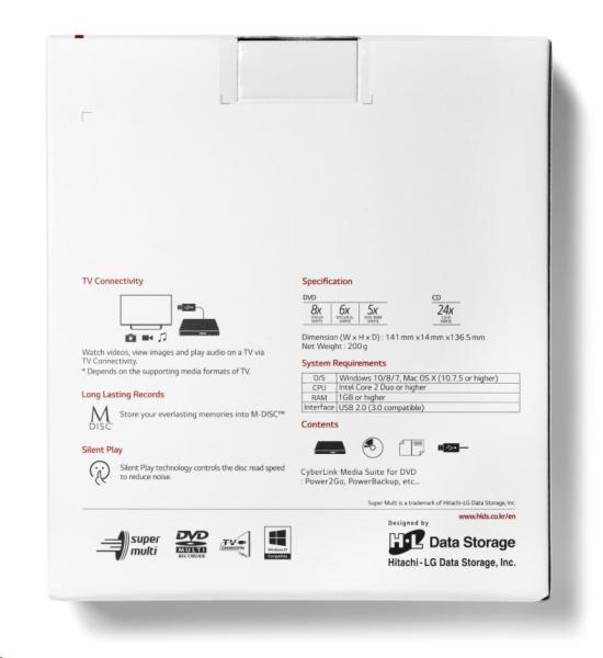 HITACHI LG - externá mechanika DVD-W/ CD-RW/ DVD±R/ ±RW/ RAM GP57EW40,  Slim,  biela,  krabica+SW6
