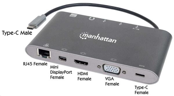 MANHATTAN Dokovacia stanica USB-C na HDMI,  Mini DP,  VGA,  3xUSB 3.0,  port USB-C PD,  RJ 45,  čítačka kariet,  3, 5 mm