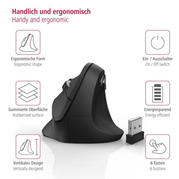 Vertikálna ergonomická bezdrôtová myš Hama EMW-500,  6 tlačidiel,  čierna7