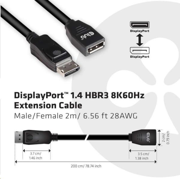 Club3D Kabel prodlužovací DisplayPort 1.4 HBR3 8K60Hz (M/ F),  2m,  28 AWG1