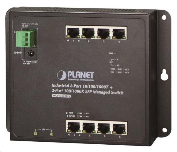 Planet WGS-4215-8T2S switch,  správa Web/ SNMP,  DIN, IP30,  -40~75°C,  dual DC,  fanless