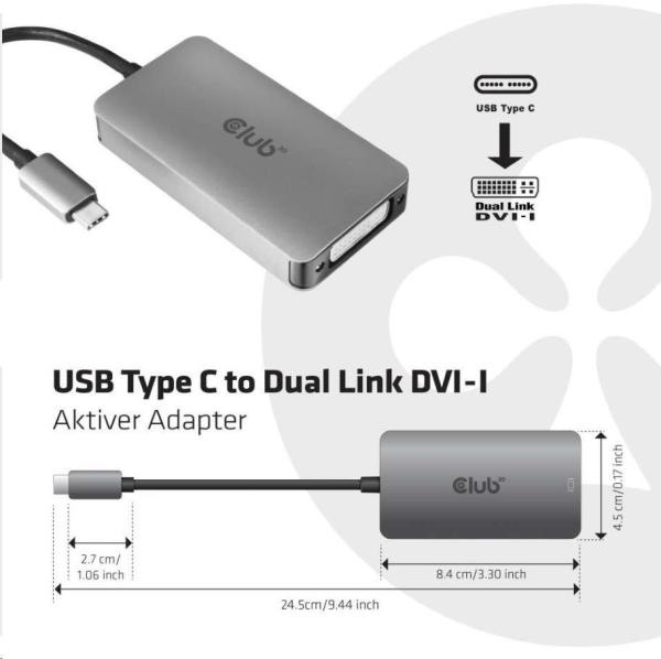 Club3D Active USB Type C to DVI-I Dual Link Adapter,  HDCP on1