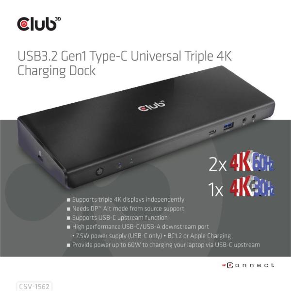 Dokovacia stanica USB Club3D 3.2 typy C (5xUSB/ USB-C/ 3xHDMI/ 2xDP/ Ethernet/ Audio) s univerzálnym trojitým napájacím adap3