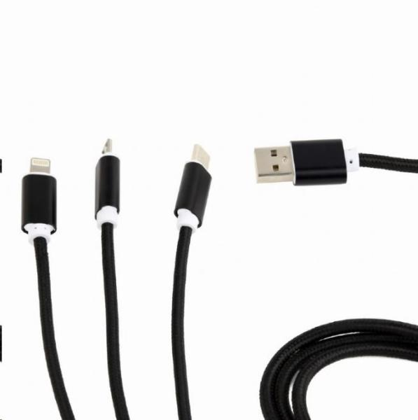 GEMBIRD kábel CABLEXPERT USB A Male/ Micro B + Type-C + Lightning,  1 m,  opletený,  čierny,  blister