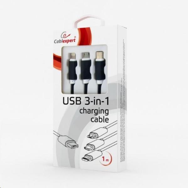GEMBIRD kábel CABLEXPERT USB A Male/ Micro B + Type-C + Lightning,  1 m,  opletený,  čierny,  blister2