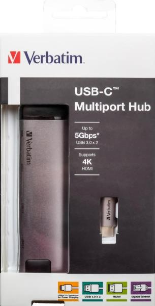 VERBATIM 49141 Multiportový USB-C HUB,  2x USB 3.0,  1x USB-C,  HDMI,  LAN,  šedý dok4
