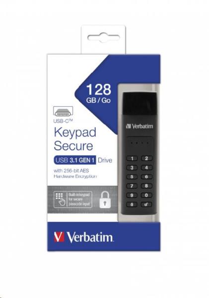 VERBATIM USB C 3.1 disk 128 GB - klávesnica Secure (R:160/W:150 MB/s) GDPR6