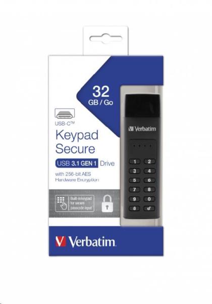 VERBATIM USB C 3.1 disk 32 GB - klávesnica Secure (R:160/ W:130 MB/ s) GDPR6