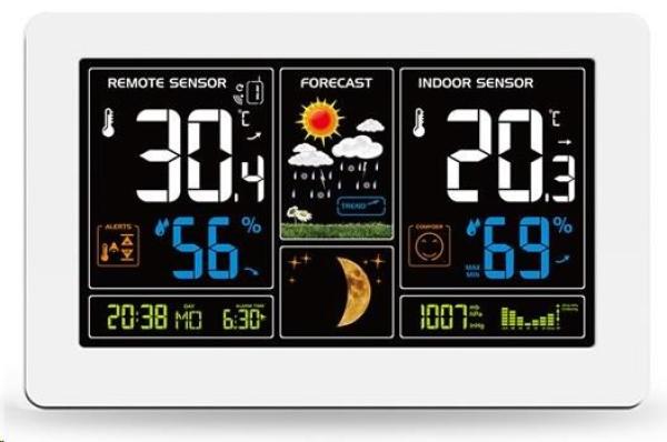 Solight TE81W meteostanice,  extra velký barevný LCD,  teplota,  vlhkost,  tlak,  RCC,  USB nabíjení,  bílá