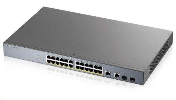 Zyxel GS1350-26HP 26portový inteligentný spravovaný CCTV PoE switch, dlhý dosah, 375W, 24x GbE, 2x combo RJ45/SFP