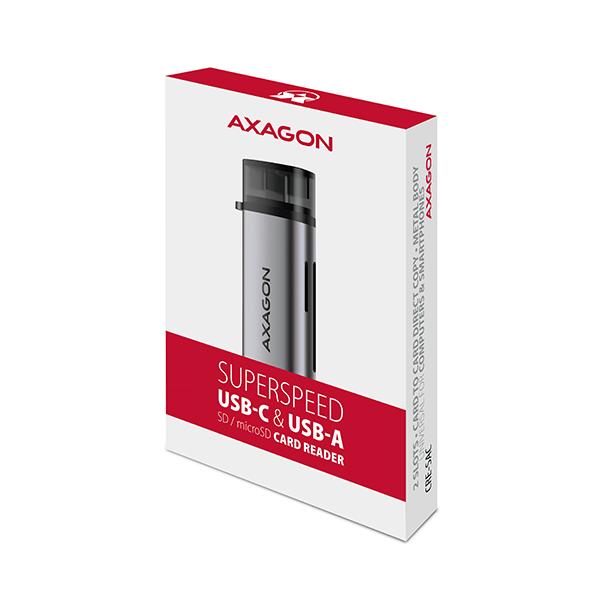 AXAGON CRE-SAC,  USB3.externá čítačka kariet SD/ microSD 2 Gen 1 Type-C + Type-A,  podpora UHS-I8