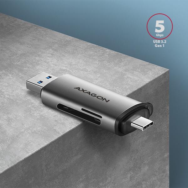AXAGON CRE-SAC,  USB3.externá čítačka kariet SD/ microSD 2 Gen 1 Type-C + Type-A,  podpora UHS-I4