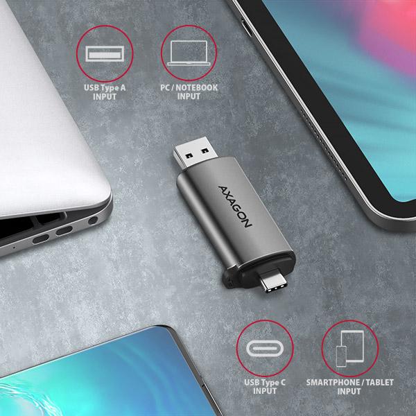 AXAGON CRE-SAC,  USB3.externá čítačka kariet SD/ microSD 2 Gen 1 Type-C + Type-A,  podpora UHS-I1