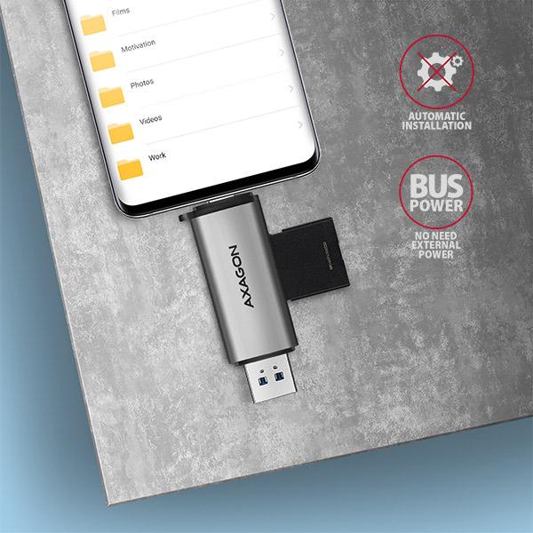 AXAGON CRE-SAC,  USB3.externá čítačka kariet SD/ microSD 2 Gen 1 Type-C + Type-A,  podpora UHS-I2