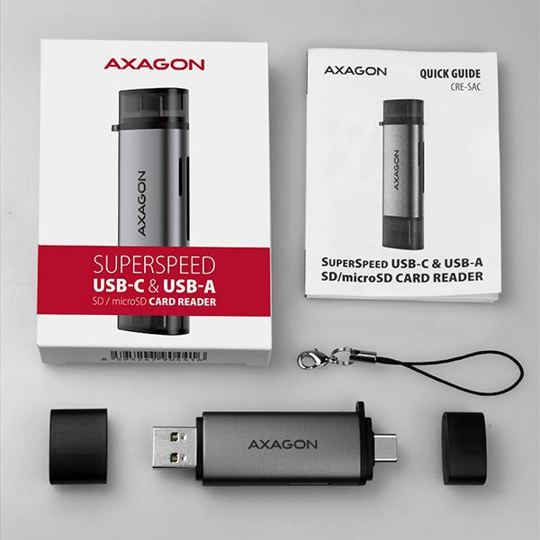 AXAGON CRE-SAC,  USB3.externá čítačka kariet SD/ microSD 2 Gen 1 Type-C + Type-A,  podpora UHS-I9