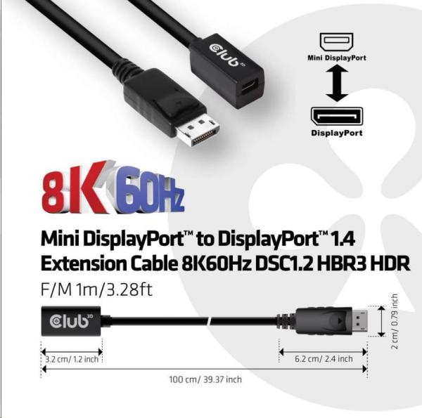 Club3D Prodlužovací kabel Mini DisplayPort 1.4 na DisplayPort 8K 60Hz DSC 1.2 HBR3 HDR Bidirectional (F/ M),  1m4