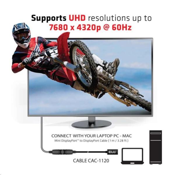 Club3D Prodlužovací kabel Mini DisplayPort 1.4 na DisplayPort 8K 60Hz DSC 1.2 HBR3 HDR Bidirectional (F/ M),  1m0