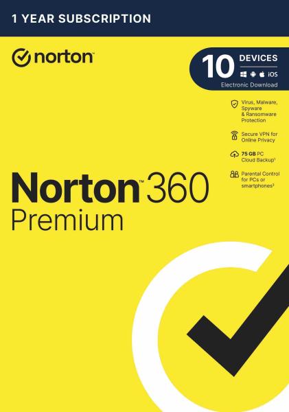 NORTON 360 PREMIUM 75GB +VPN 1 používateľ pre 10 zariadení na 1 rok ESD